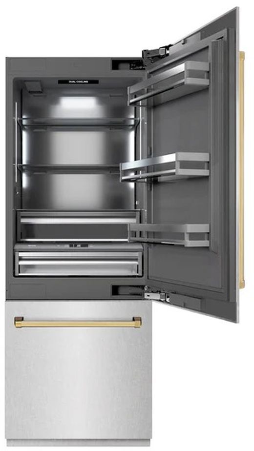 ZLINE Autograph Edition 30" 16.1 Cu. Ft Satin Stainless Steel Built In Bottom Freezer Refrigerator with Polished Gold Accents-2