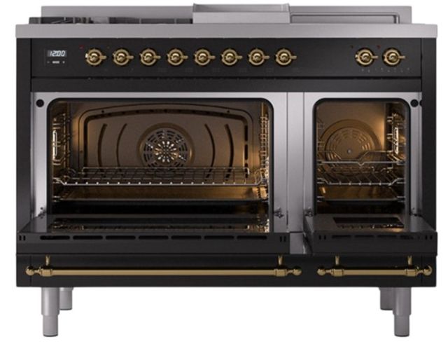 Ilve® Nostalgie II Noblesse 48'' Glossy Black Pro Style Dual Fuel Range with Brass Trim-2
