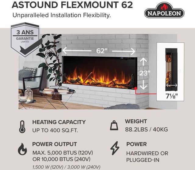Napoleon Astound™ FlexMount Series 62'' Black Wall Mounted Electric Fireplace-3