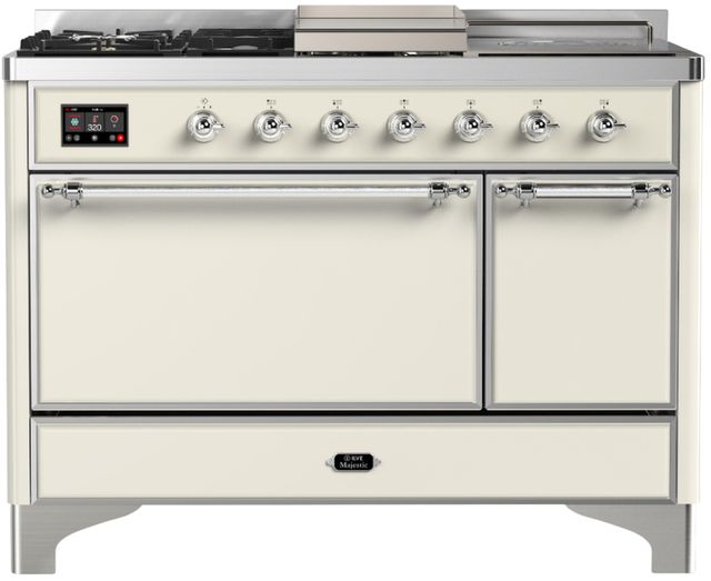 Ilve® Majestic III 48" Antique White Pro Style Dual Fuel Liquid Propane Range with 5 Black Brass Burners and Chrome Trim-0