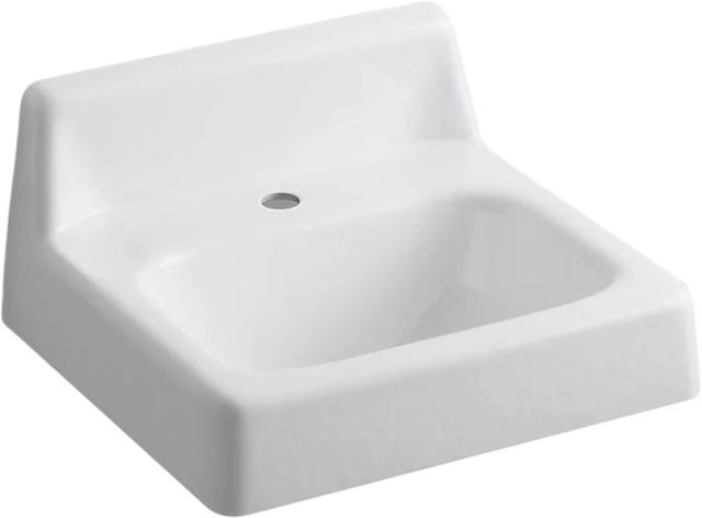 KOHLER® Hudson™ White Wall-Mount Concealed Arm Carrier Bathroom Sink with Single Faucet Hole and Lugs for Chair Carrier-0