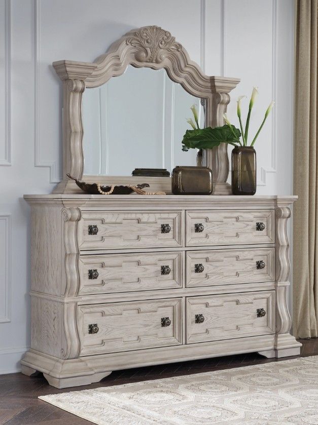 Ashley Furniture Bruchandi Antique White Dresser and Mirror | Ornate Home