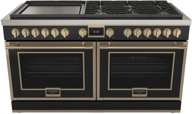 Fulgor Milano® Evoque 400 Series 60" Matte Black Pro Style Dual Fuel Hybrid Range with Brushed Brass Trim -0