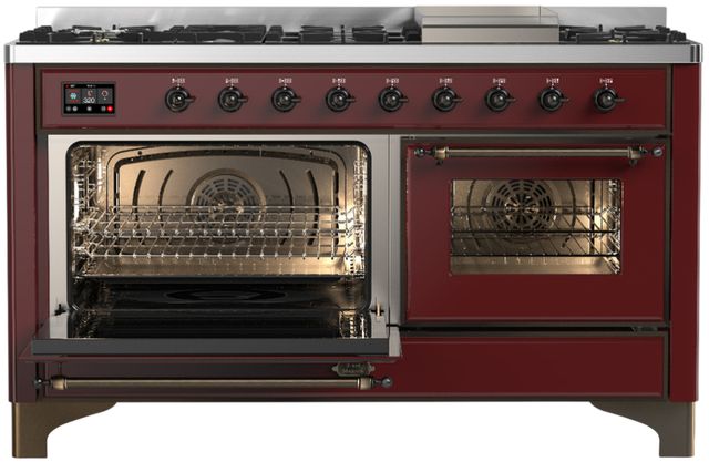 Ilve® Majestic III 60" Burgundy Pro Style Dual Fuel Natural Gas Range with Triple Glass Door and Burnished Trim-2