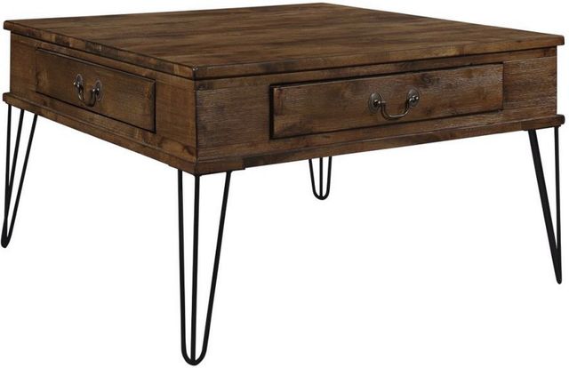 Mazin Furniture Shaffner Rustic Oak Square Coffee Table with Black Hairpin Legs-2