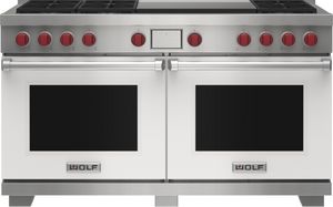front view of the Wolf® 60" White Freestanding Dual Fuel Range