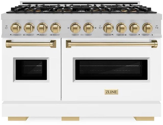 ZLINE Autograph Edition 48" 6.7 cu. ft. Dual Fuel Range with 8 Burner DuoPro™ Cooktop and Dual Ovens with White Matte Doors and Champagne Bronze Accents-0