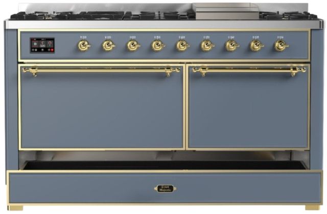 Ilve® Majestic III 60" Blue Gray Pro Style Dual Fuel Liquid Propane Range with Solid Door and Brass Trim-2