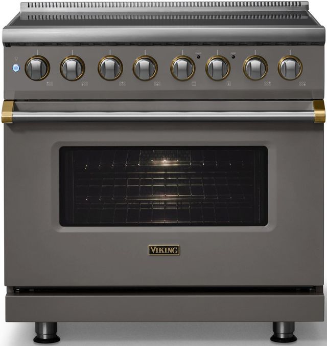 Viking® 5 Series 36" Damascus Gray Pro Style Induction Range with Brushed Brass Trim-3