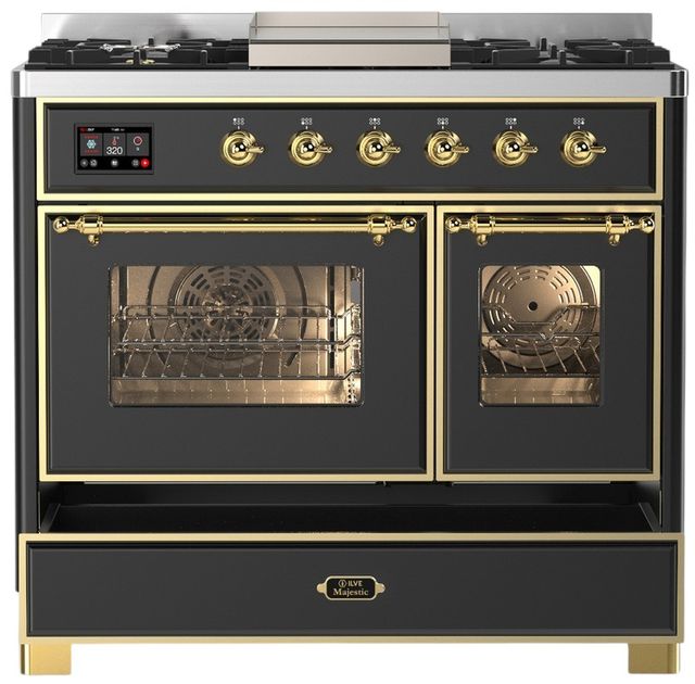 Ilve® Majestic III 40" Graphite Matte Pro Style Dual Fuel Liquid Propane Range with Triple Glass Door and Brass Trim-2