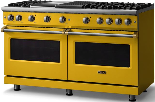 Viking® 5 Series 60" Daffodil Pro Style Gas (NG) Range with Brushed Brass Trim-2