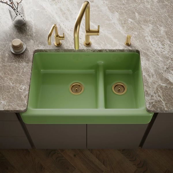 KOHLER® Whitehaven® Fresh Green Smart Divide® 36" Undermount Double-Bowl Farmhouse Kitchen Sink with Short Apron-1