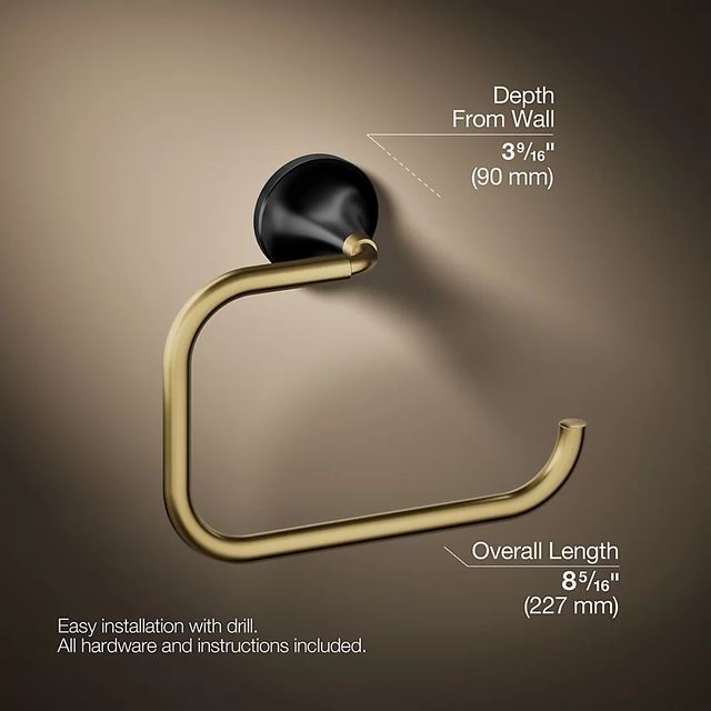 KOHLER® Tone™Matte Black with Brushed Moderne Brass Towel Ring-2