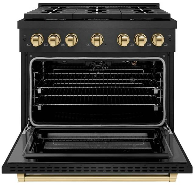 ZLINE Autograph Edition Paramount 36" Black Satin Stainless Steel/Polished Gold Gas Range with 6 Burner Cooktop and Convection Gas Oven-1