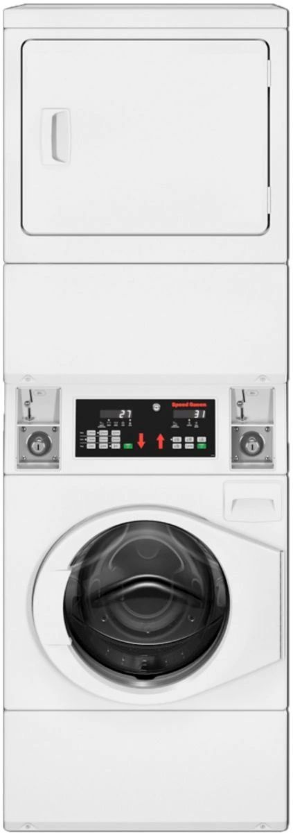 Speed Queen® Commercial White Coin Drop Electric Stack Laundry, 3.42 Cu. Ft. Washer, 7 Cu. Ft. Dryer-0