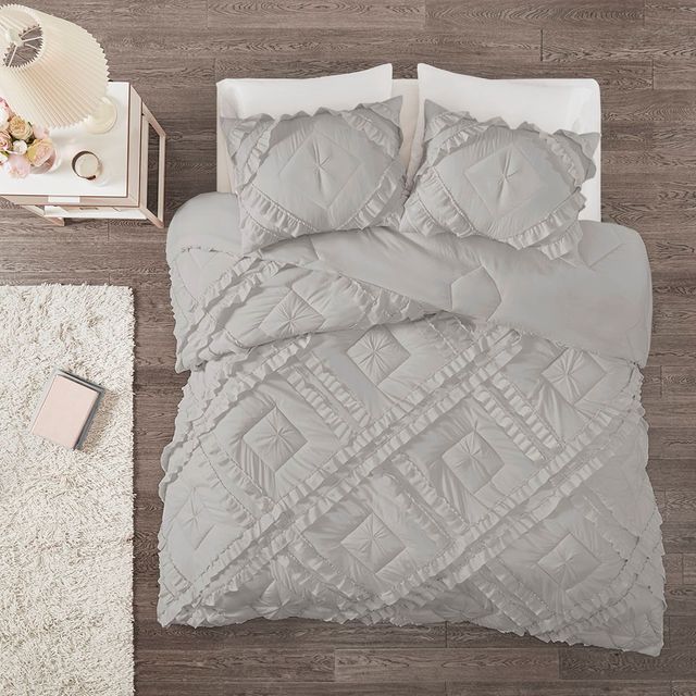 Olliix by Intelligent Design Kacie Grey Full/Queen Solid Coverlet Set with Tufted Diamond Ruffles-1