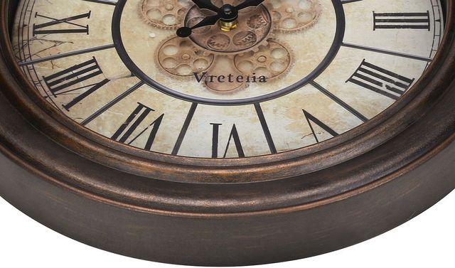 Monarch Specialties Inc. Antique Brown 15" Round Wall Clock with Roman Numerals on Beige Background-1