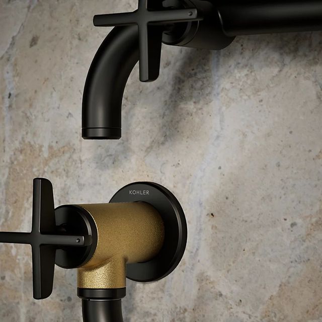 KOHLER® Billet® Matte Black with Brushed Moderne Brass Wall-Mount Pot Filler with Cross Handle-3
