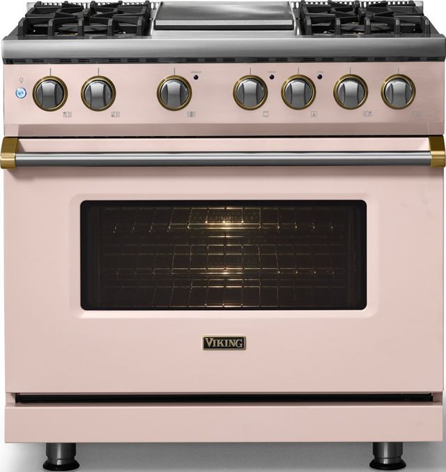 Viking® 5 Series 36" Blush Pro Style Dual Fuel (LP) Range with Brushed Brass Trim-2