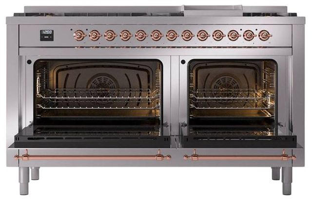 Ilve® Nostalgie II Noblesse 60'' Stainless Steel Pro Style Dual Fuel Range with Copper Trim-2