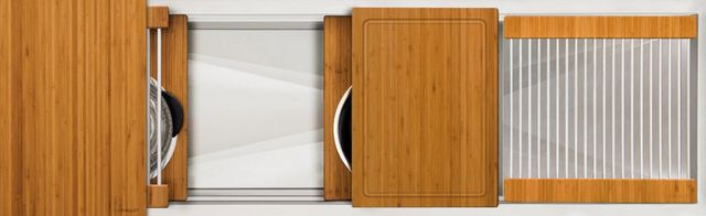 The Galley® Natural Golden Bamboo Ideal Workstation 4S + 18" DryDock® Drain Side, Five Tool Culinary Kit, One DryDock® Tool-0