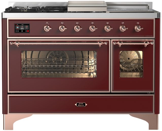 Ilve® Majestic III 48" Burgundy Pro Style Dual Fuel Natural Gas Range with 5 Black Brass Burners and Copper Trim-0