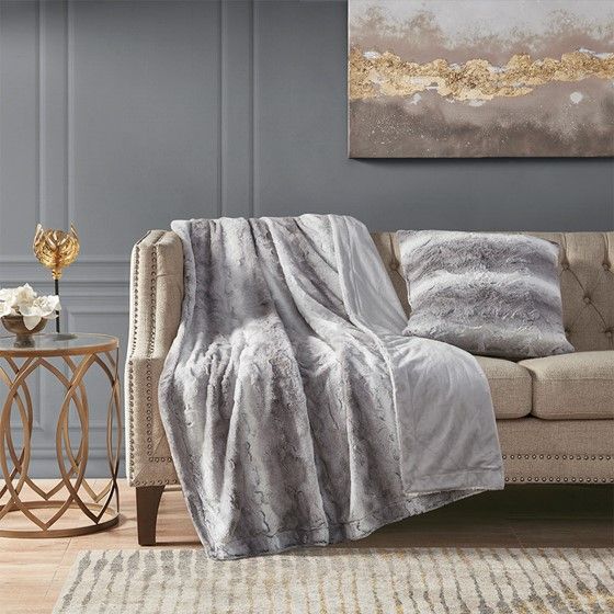 Olliix by Madison Park Zuri Grey 20x20" Polyester Faux Tip Dyed Brushed Long Fur Pillow-2