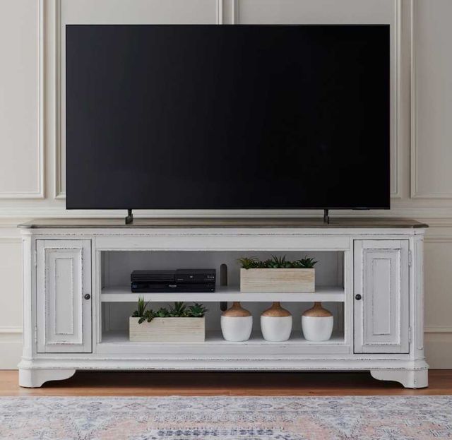 Liberty Furniture Magnolia Manor Antique White/Weathered Bark 82" Fireplace TV Console-1