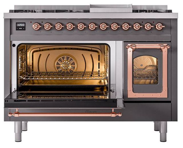 Ilve® Nostalgie II Noblesse 48'' Graphite Matte Pro Style Dual Fuel Range with Copper Trim-3