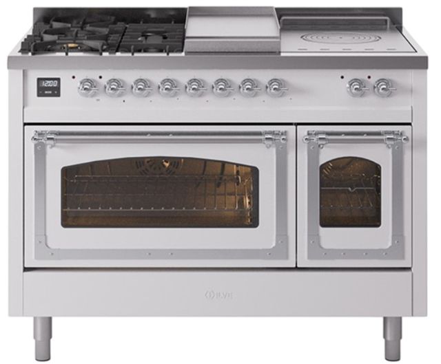 Ilve® Nostalgie II Noblesse 48'' White Pro Style Dual Fuel Range with Chrome Trim-0