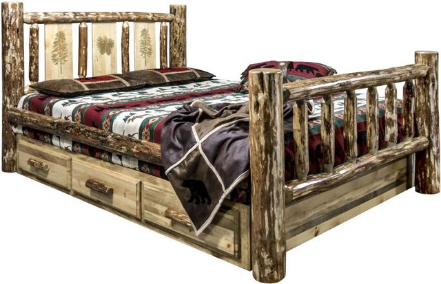 Montana Woodworks® Glacier Country Stain & Clear Lacquer Twin Storage Bed with Laser Engraved Pine Design-0