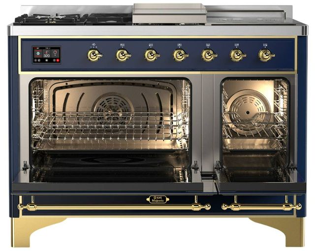 Ilve® Majestic III 48" Midnight Blue Pro Style Dual Fuel Natural Gas Range with Triple Glass Door and Brass Trim-1