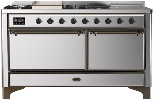 Ilve® Majestic III 60'' Stainless Steel Pro Style Dual Fuel Liquid Propane Range with Solid Door and Burnished Trim-0