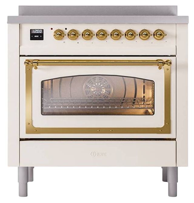 Ilve® Nostalgie II Noblesse 36'' Antique White Pro Style Induction Range with Brass Trim-1
