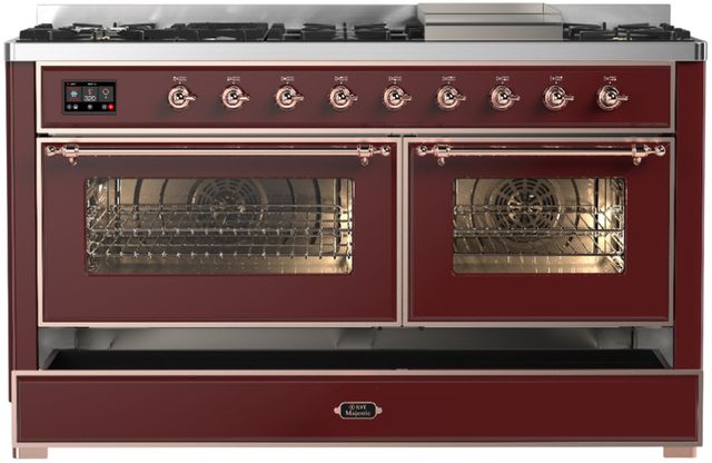 Ilve® Majestic III 60" Burgundy Pro Style Dual Fuel Liquid Propane Range with Triple Glass Door and Copper Trim-1