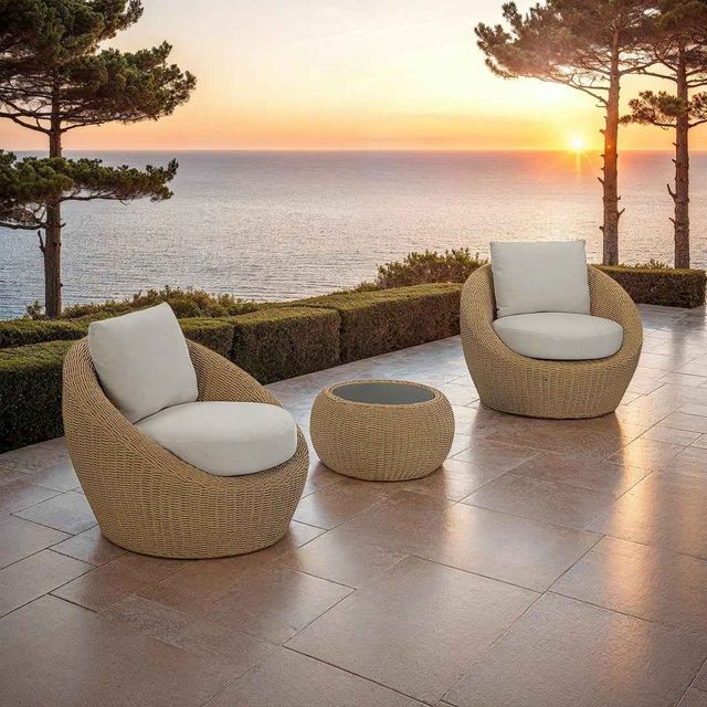 LH Home Siesta Natural Wicker Outdoor Round Club Chair with Beige Olefin Fabric Cushions-1