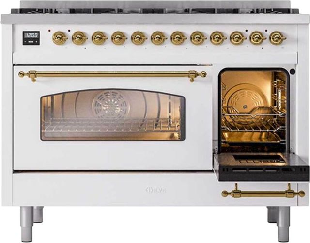 Ilve® Nostalgie II 48" White Pro Style Dual Fuel Range with Brass Trim-3