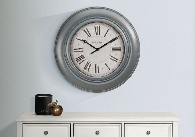 Monarch Specialties Inc. Antique Blue 30" Oversized Round Wall Clock with Roman Numerals on Beige Ba-2
