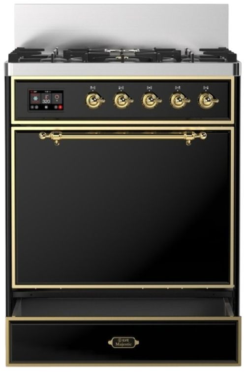 Ilve® Majestic III 30" Glossy Black Pro Style Dual Fuel Natural Gas Range with 5 Black Brass Burners and Brass Trim-2