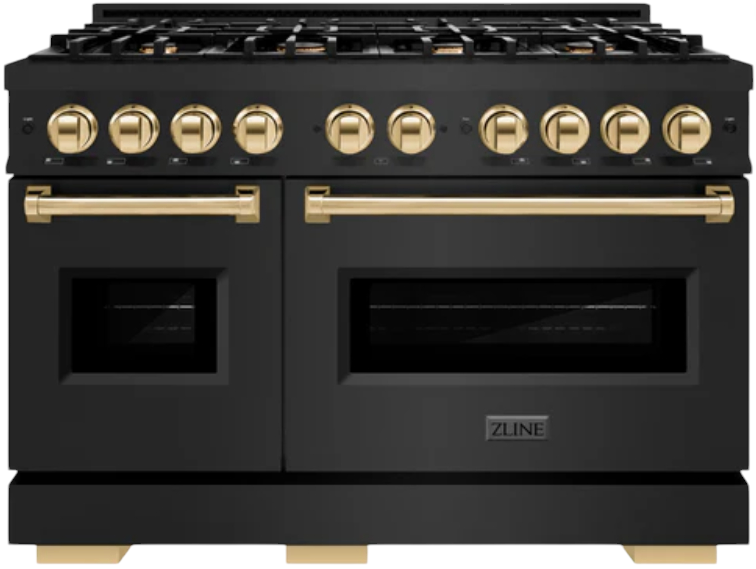 ZLINE Autograph Edition 48 in. 6.7 cu. ft. Classic Double Oven Gas Range with 8 Burner Cooktop in Black Stainless Steel and Polished Gold Accents (CGRBZ-48-G)
