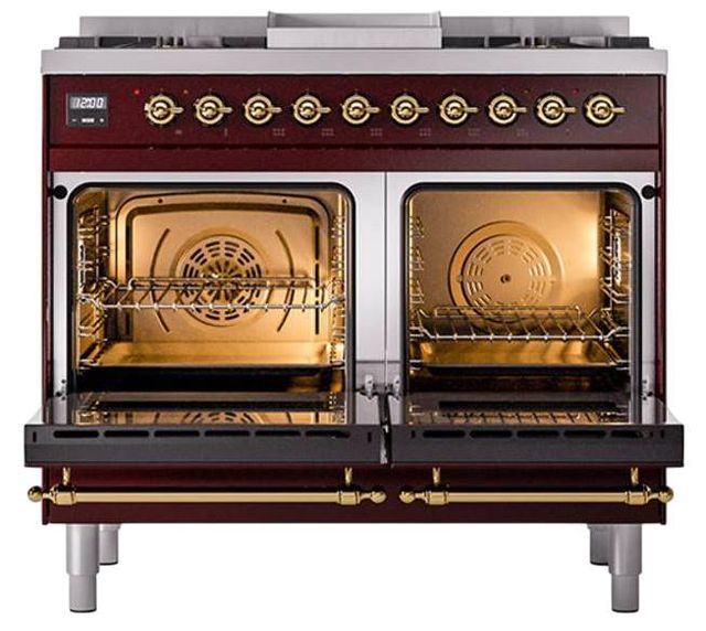 Ilve® Nostalgie II Noblesse 40'' Burgundy Pro Style Dual Fuel Range with Brass Trim-2