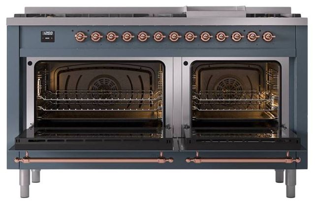 Ilve® Nostalgie II Noblesse 60'' Blue Gray Pro Style Dual Fuel Range with Copper Trim-2