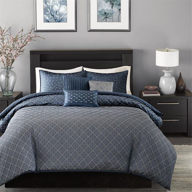 Olliix by Madison Park Biloxi 6 Piece Navy Full/Queen Duvet Cover Set-1
