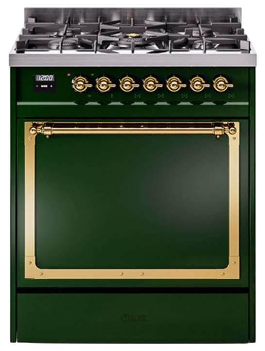 Ilve® Nostalgie II Noblesse 30'' Emerald Green Pro Style Dual Fuel Range with Brass Trim-0