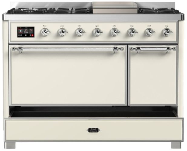 Ilve® Majestic III 48" Antique White Pro Style Dual Fuel Natural Gas Range with Solid Door and Chrome Trim-2