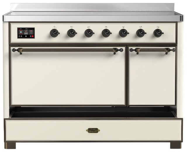 Ilve® Majestic III 48" Antique White Pro Style Induction Range with Solid Door and Burnished Trim-2