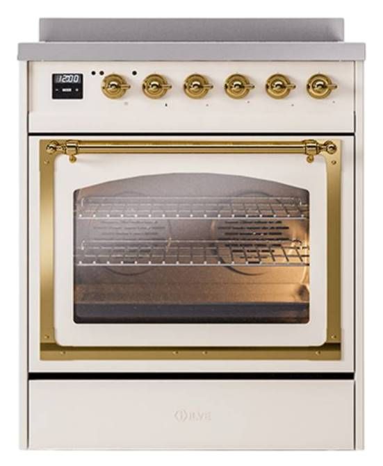 Ilve® Nostalgie II Noblesse 30'' Antique White Pro Style Induction Range with Brass Trim-1