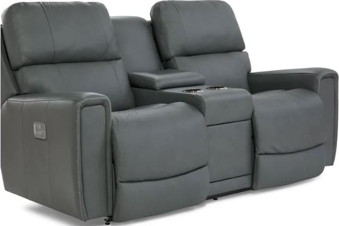 La Z Boy Apollo Blue Grey Leather Power Reclining Loveseat with Console and Headrest Great Rooms Furniture and Mattresses