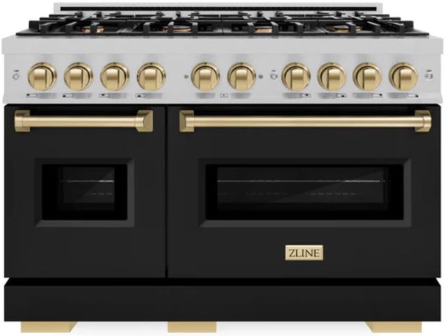 ZLINE Autograph Edition 48" Satin Stainless Steel Pro Style Double Oven Dual Fuel Range with Black Matte Doors and Champagne Bronze Accents-0