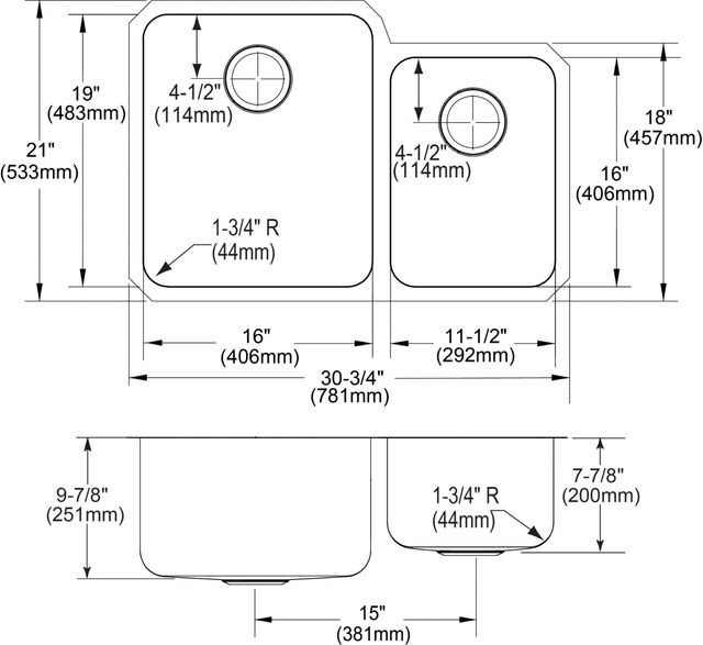Elkay Lustertone® Classic Lustrous Satin 30-3/4" x 21" x 9-7/8" Offset 60/40 Double Bowl Undermount Sink-3